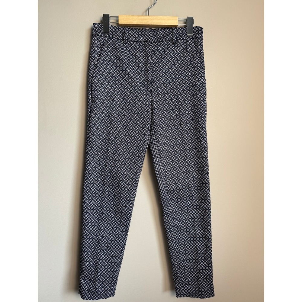 H&M Geometric Floral Print Ankle Trousers 6 Slim Fit Preppy Workwear Navy Blue